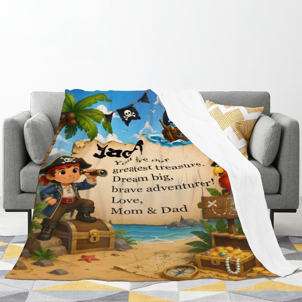 Personalized Pirate Blanket with Name & Message | Treasure Island Adventure | Custom Boys Gift
