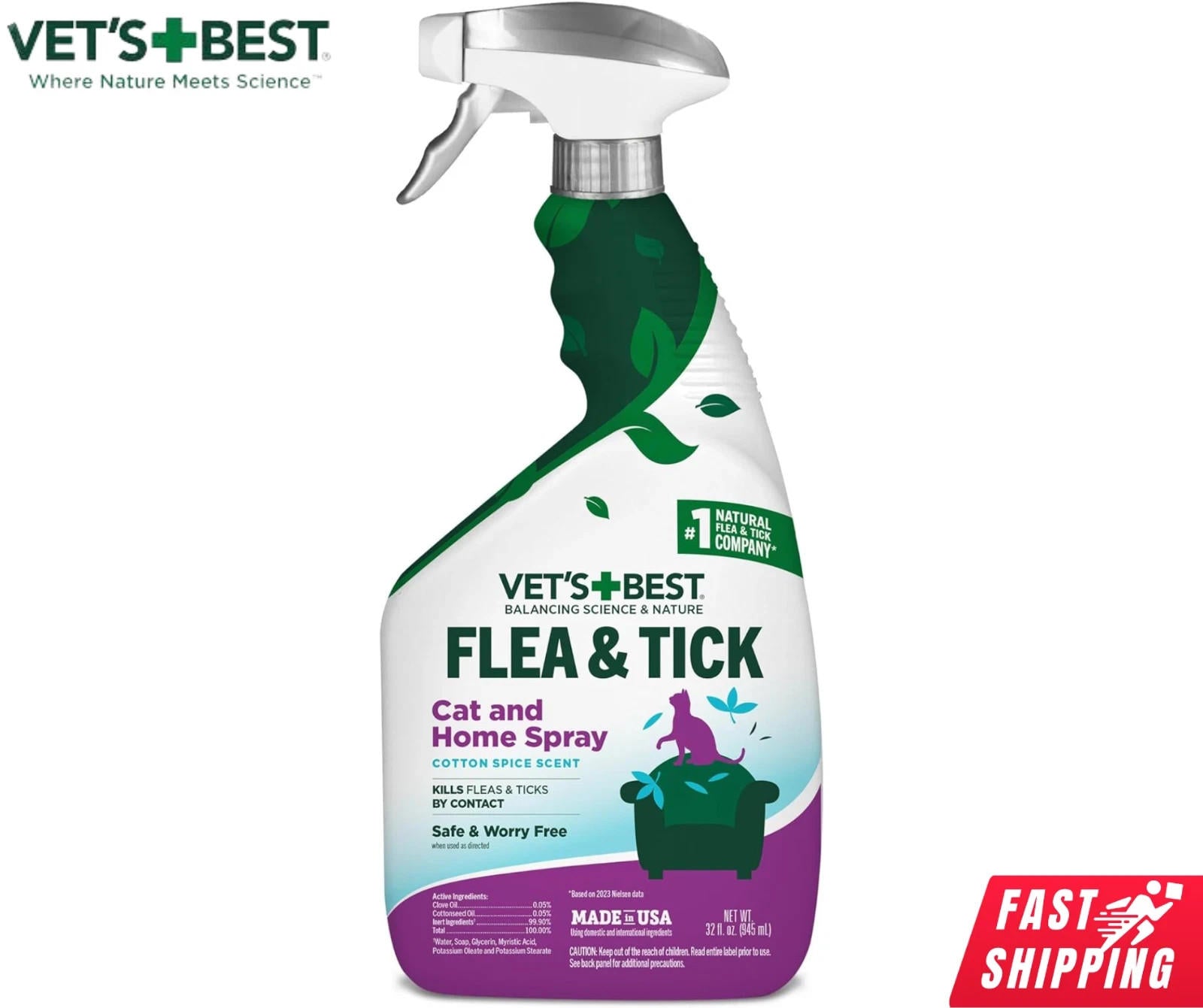 Vet's Best Flea & Tick Cat and Home Spray with a spray nozzle, designed for effective pest control.
