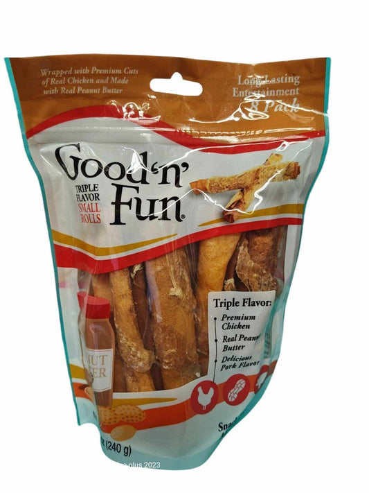 Good ’n’ Fun Chicken, Peanut Butter, Pork  Small Rolls, 8 Count, Rawhide Chews