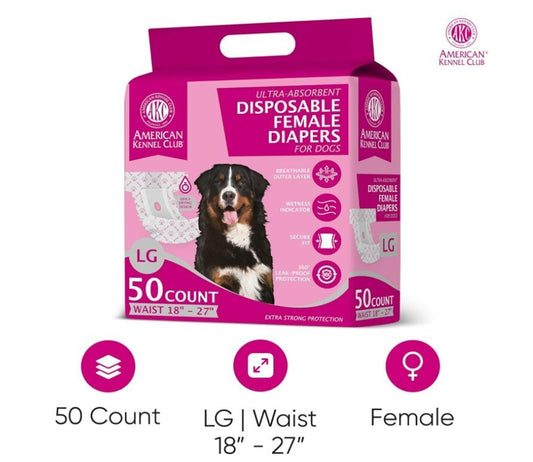 AKC Female Dog Wrap, Disposable Diapers with Wetness indicator, Large 50 Count