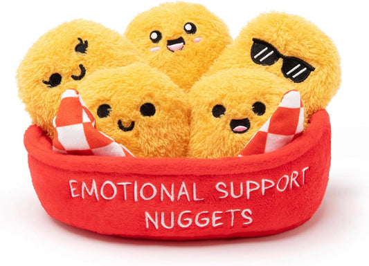 Emotional Support Nuggets plush toys in a red basket, featuring happy faces and sunglasses.