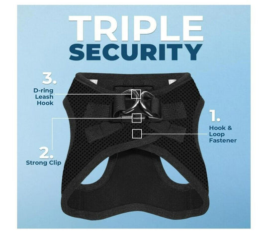 Triple Security harness featuring D-ring leash hook, strong clip, and hook & loop fastener for added safety.