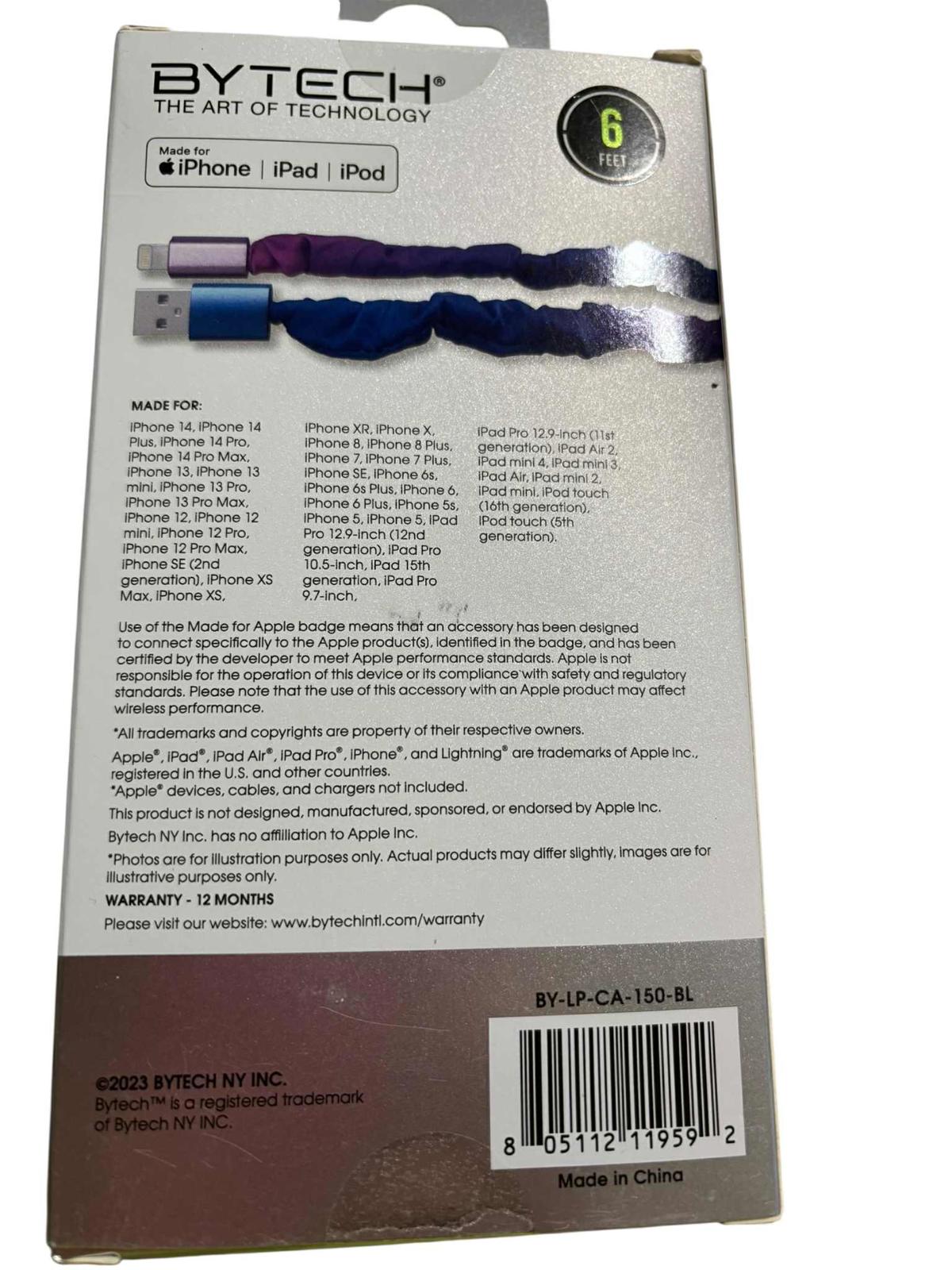 BYTECH 6-foot charging cable compatible with iPhone, iPad, and iPod, featuring a durable design.