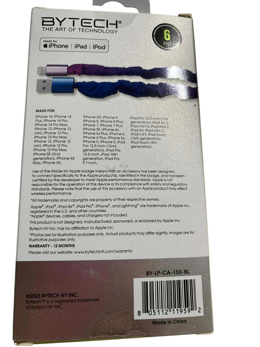 BYTECH 6-foot charging cable compatible with iPhone, iPad, and iPod, featuring a durable design.