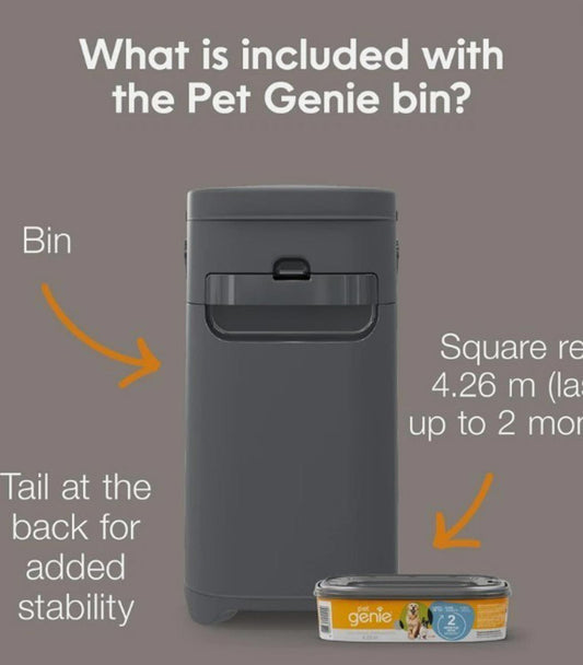 Pet Genie bin features a square design for stability and includes a tail for added support.