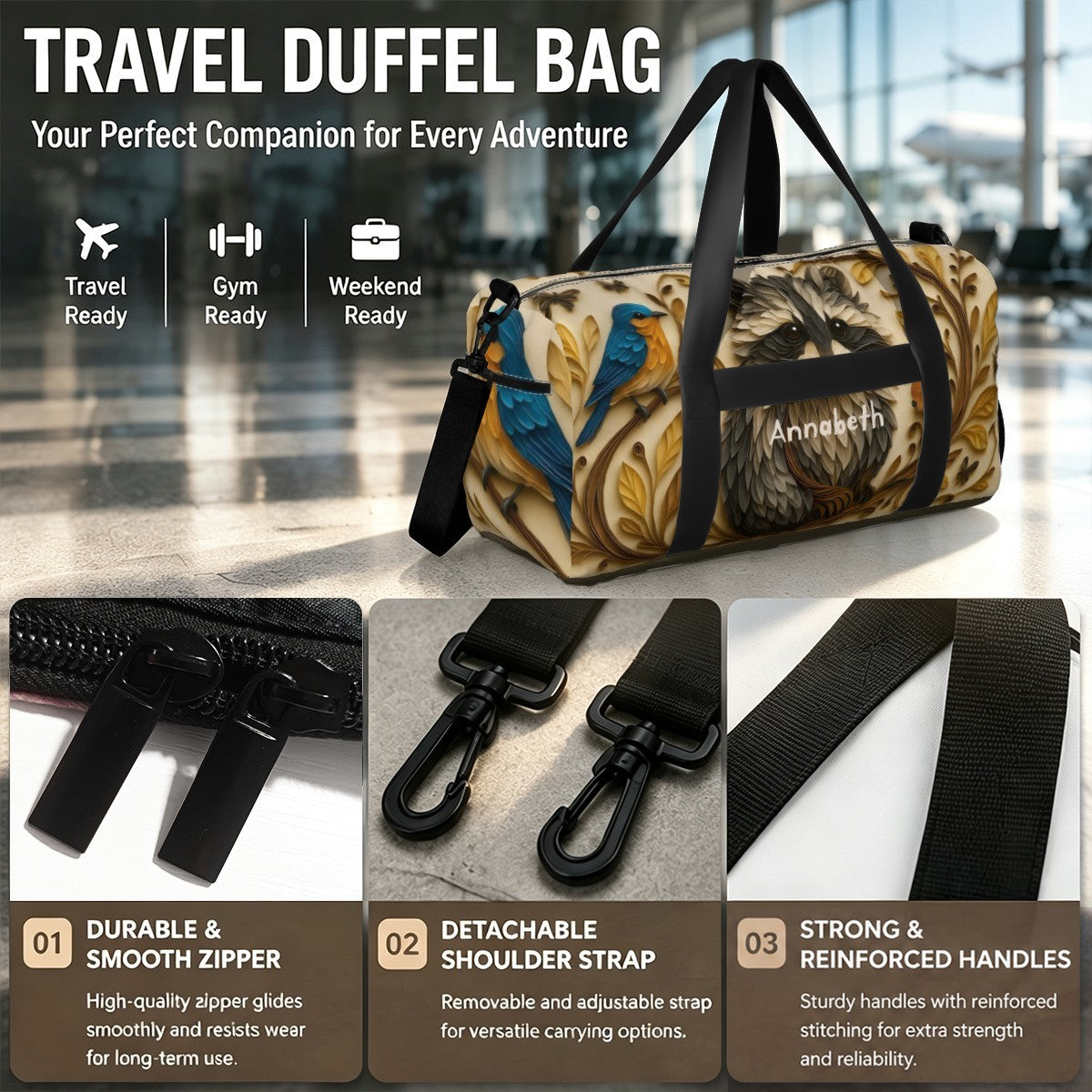 Personalized Woodland Raccoon Duffel Bag with Custom Name – Baby Travel, Gym & Weekend Bag