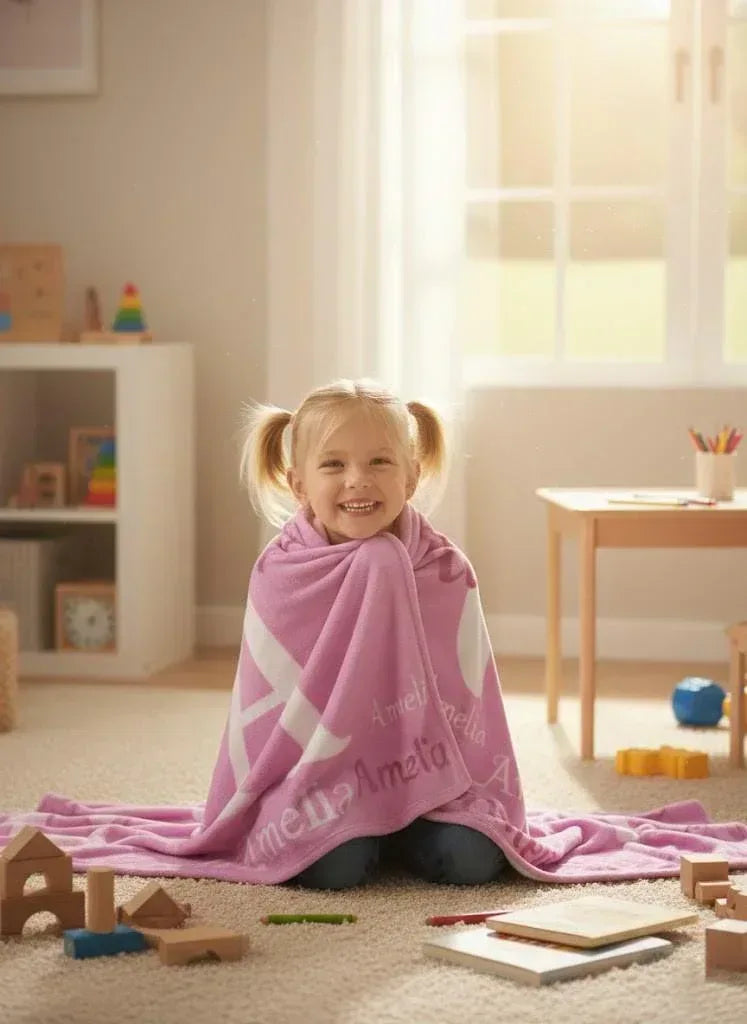 Personalized Name Blanket | Custom Initial & Repeated Name | Pink Fleece Throw Gift