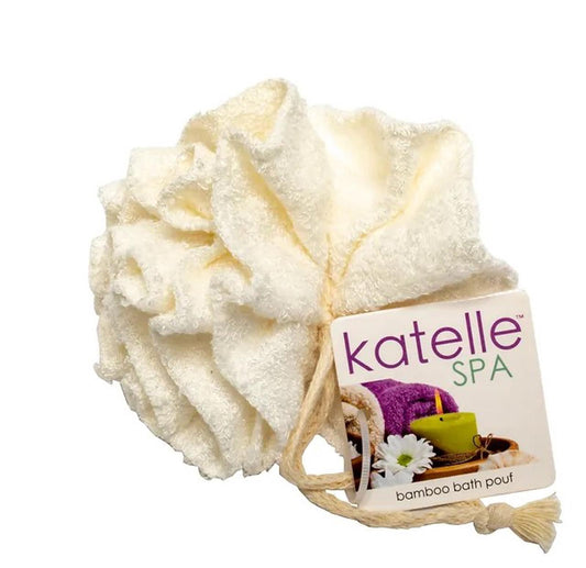 Katelle Spa bamboo bath pouf in soft cream color, perfect for gentle exfoliation.