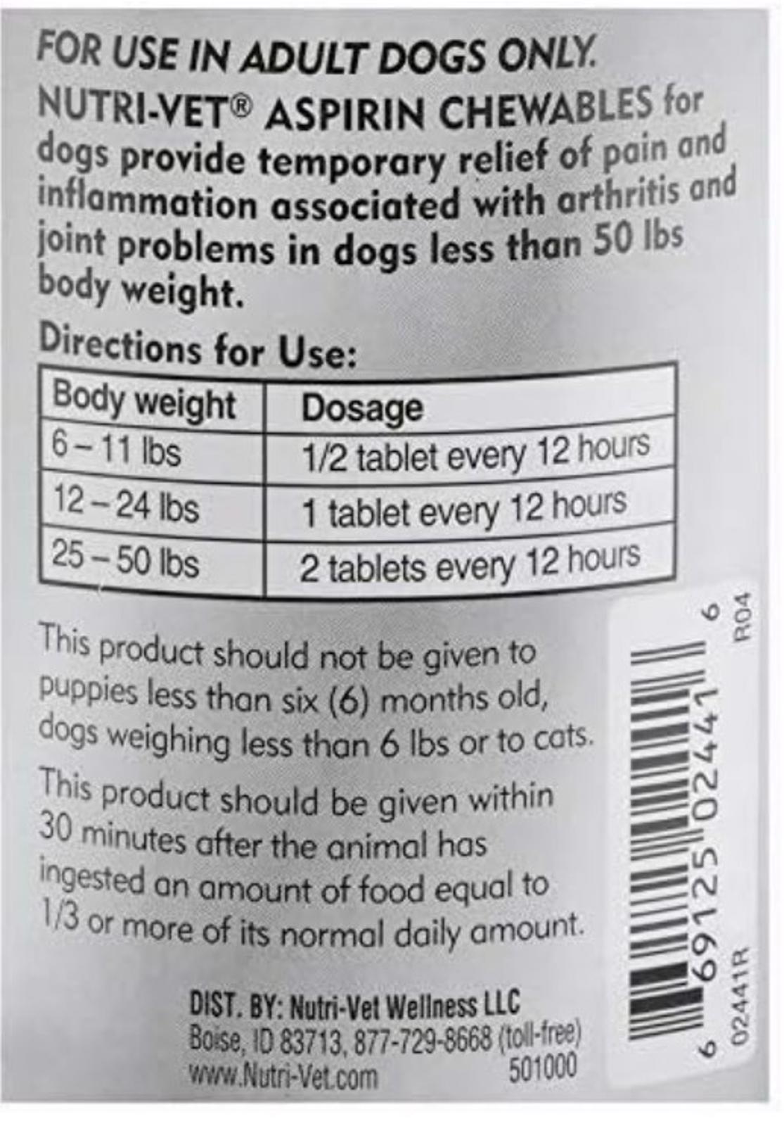 Nutri-Vet Aspirin for Small Dogs 100 count tabs Brand New