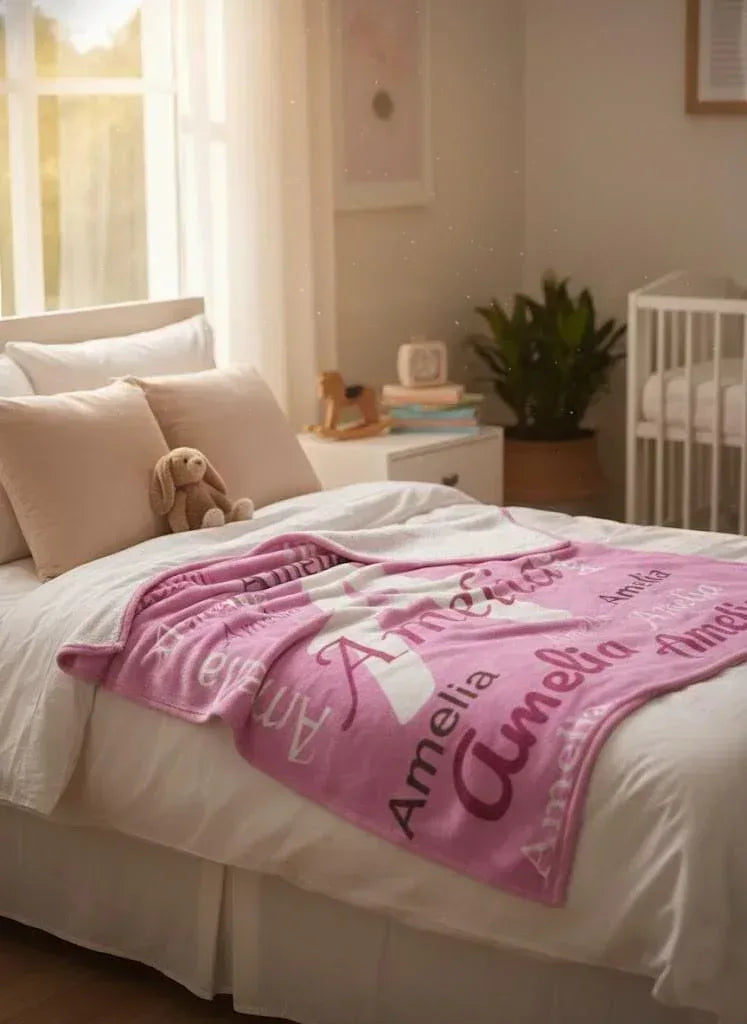 Personalized Name Blanket | Custom Initial & Repeated Name | Pink Fleece Throw Gift