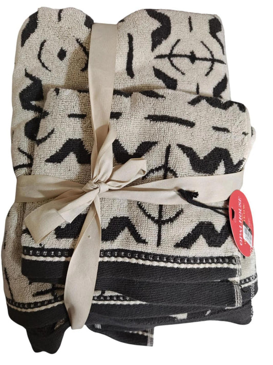 Paradise Bath & Hand Towel Set Black/White- Opal house Double Pack (4pc Total)