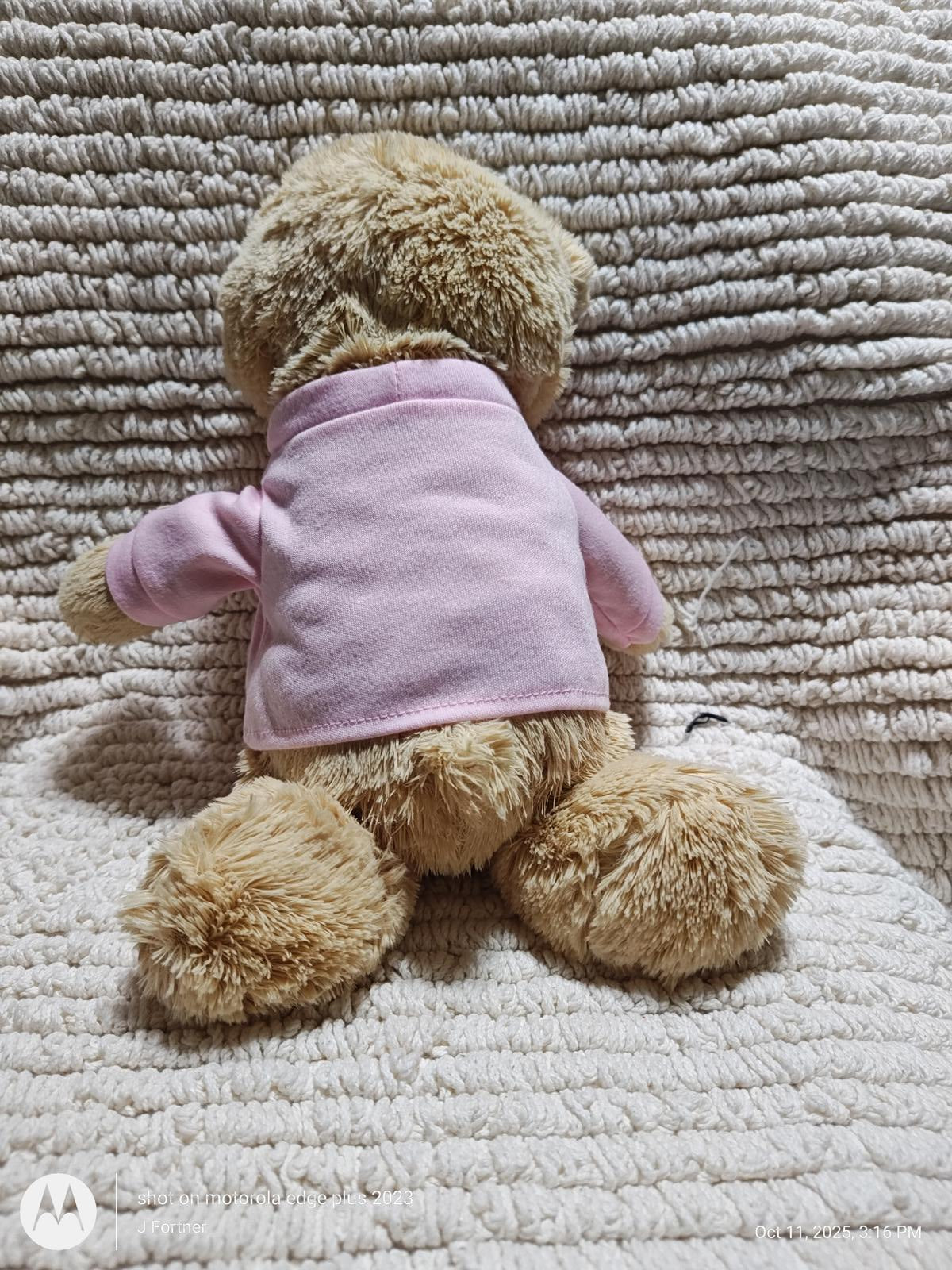 Teddy bear wearing a pink shirt, sitting on a textured blanket.