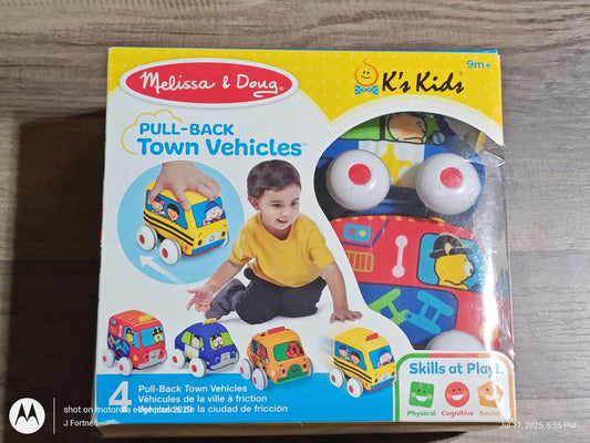 Melissa & Doug pull-back town vehicles set featuring colorful toy cars for kids.