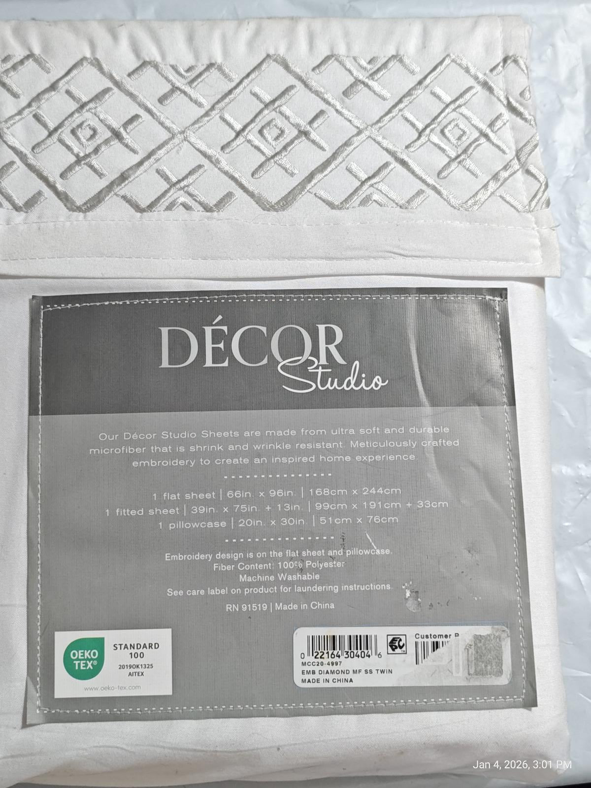 Decor Studio Diamond Grey Embroidered Microfiber 3-Pc. Sheet Set, Twin