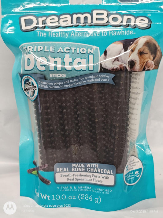 DreamBone Triple Action Dental Sticks with real bone charcoal for dogs, promoting dental health.