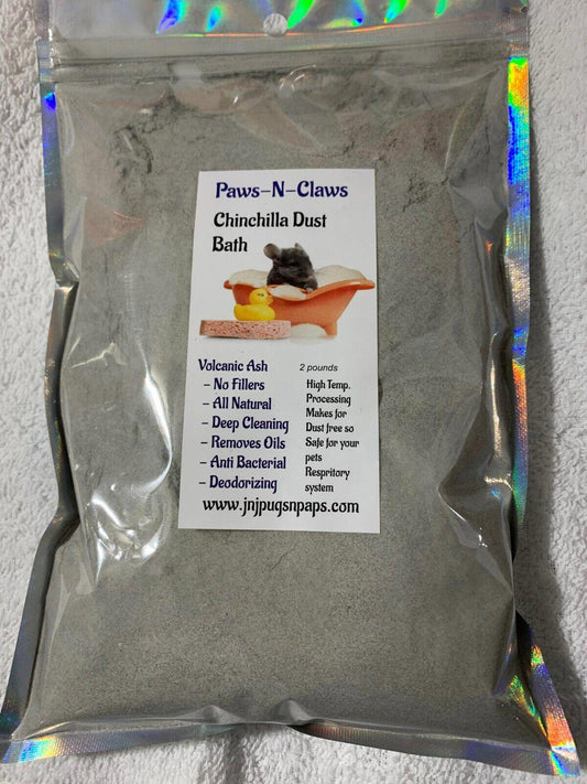Paws-N-Claws Chinchilla Dust Bath in a clear bag, featuring volcanic ash for deep cleaning and deodorizing.