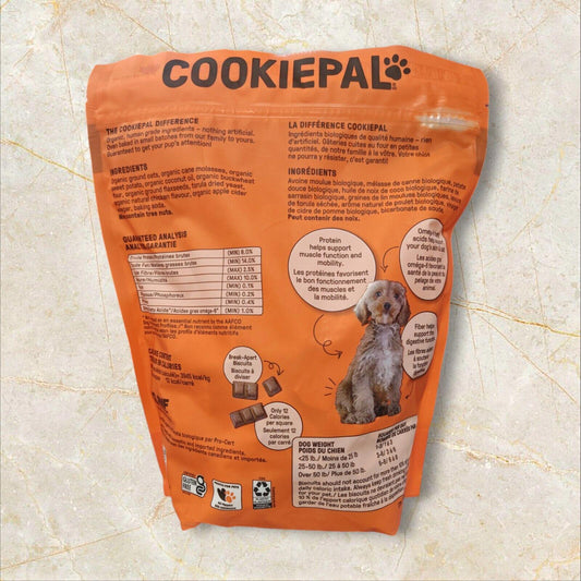 CookiePal dog treats packaging featuring nutritional information and a playful dog image.