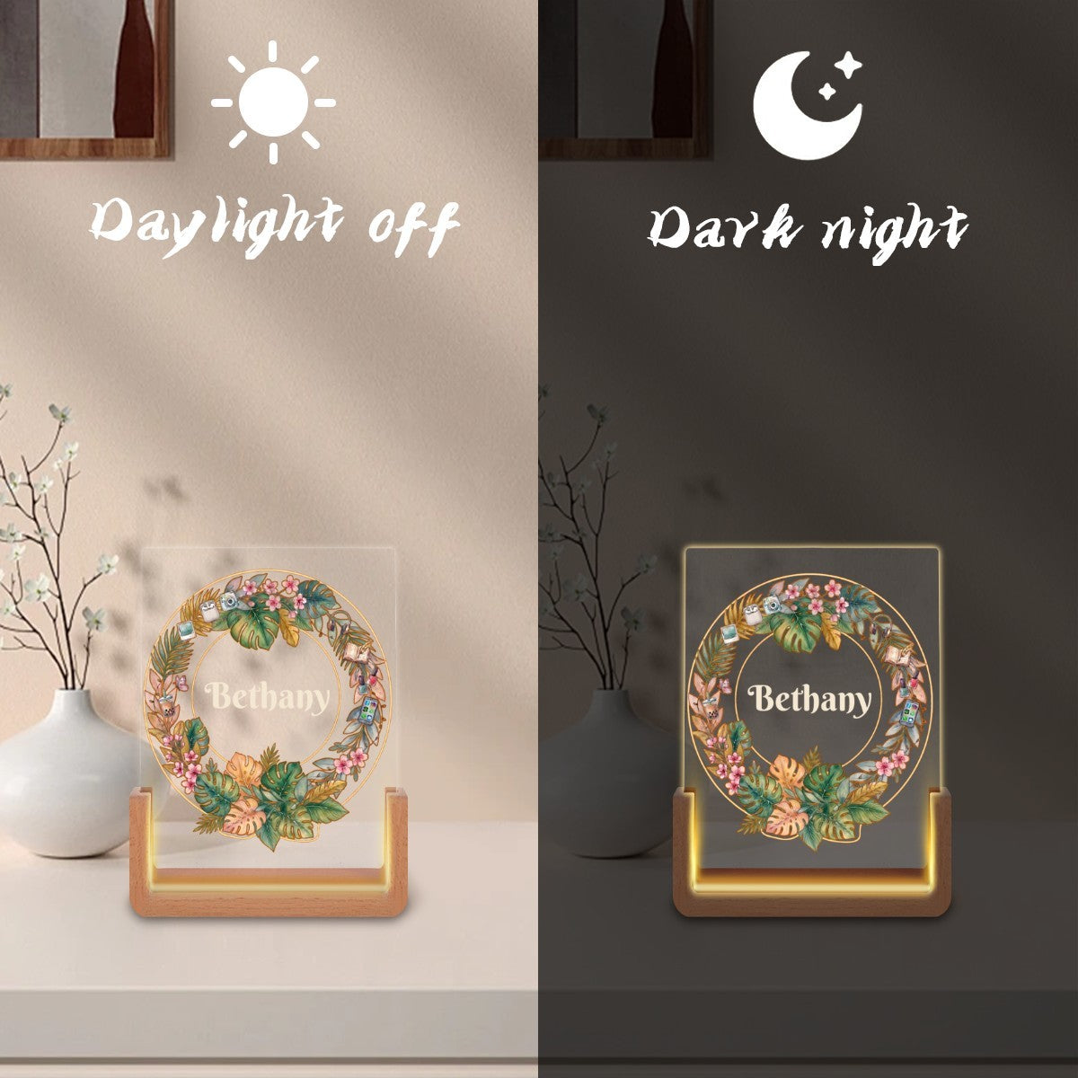 Personalized Night Light for Teen Girls with Name | Tropical Wreath with Teen Icons | Bedroom Decor Gift