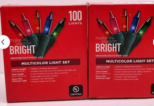 Multicolor light set with 100 lights for indoor and outdoor use, featuring vibrant colors.