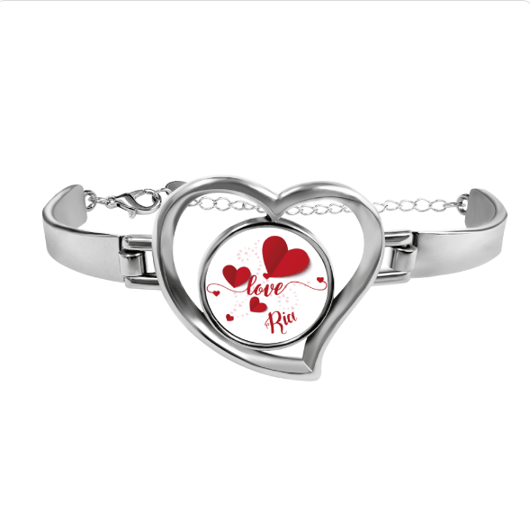 Personalized Name Heart Bangle Bracelet | Custom Name Love Charm in Open Heart | Silver