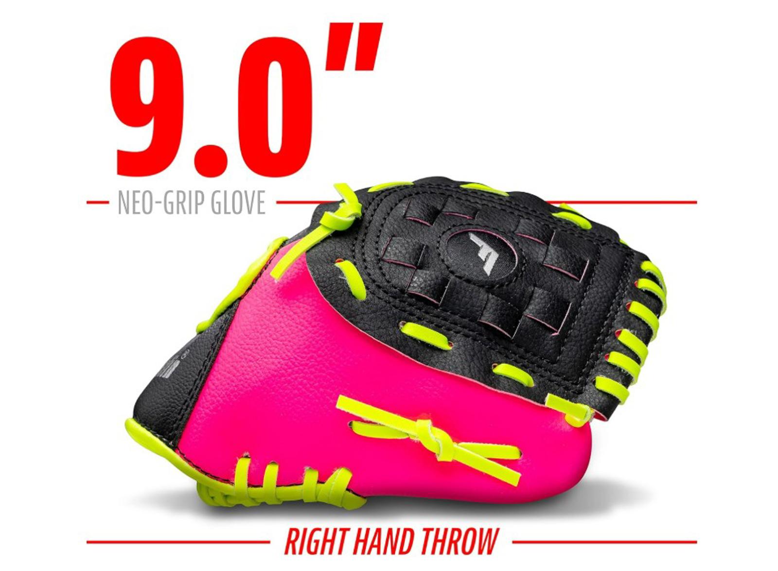 9.0" Neo-Grip glove in vibrant pink and black for right hand throw.