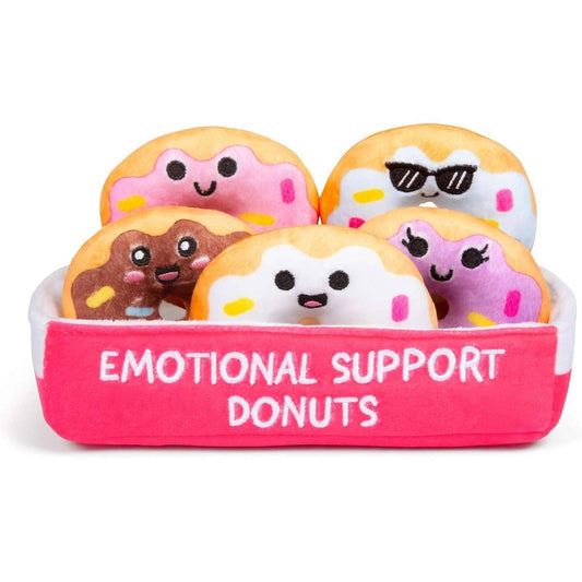 Emotional Support Donuts plush toys in a colorful basket, featuring happy faces and playful designs.