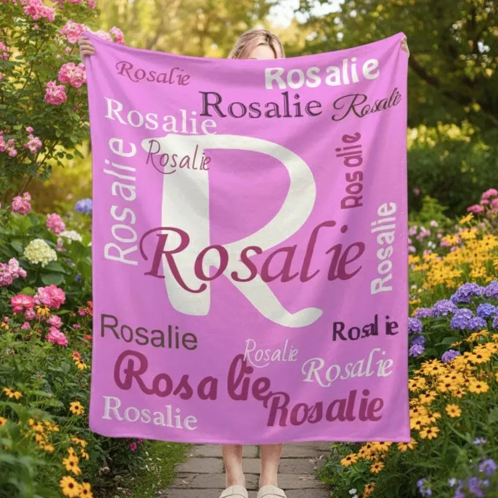 Personalized Name Blanket | Custom Initial & Repeated Name | Pink Fleece Throw Gift