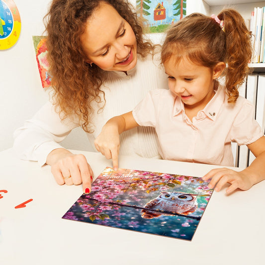 Personalized Owl Cherry Blossom Wooden Puzzle with Name | Photorealistic Fantasy Art | 60 Pieces | Gift for Her