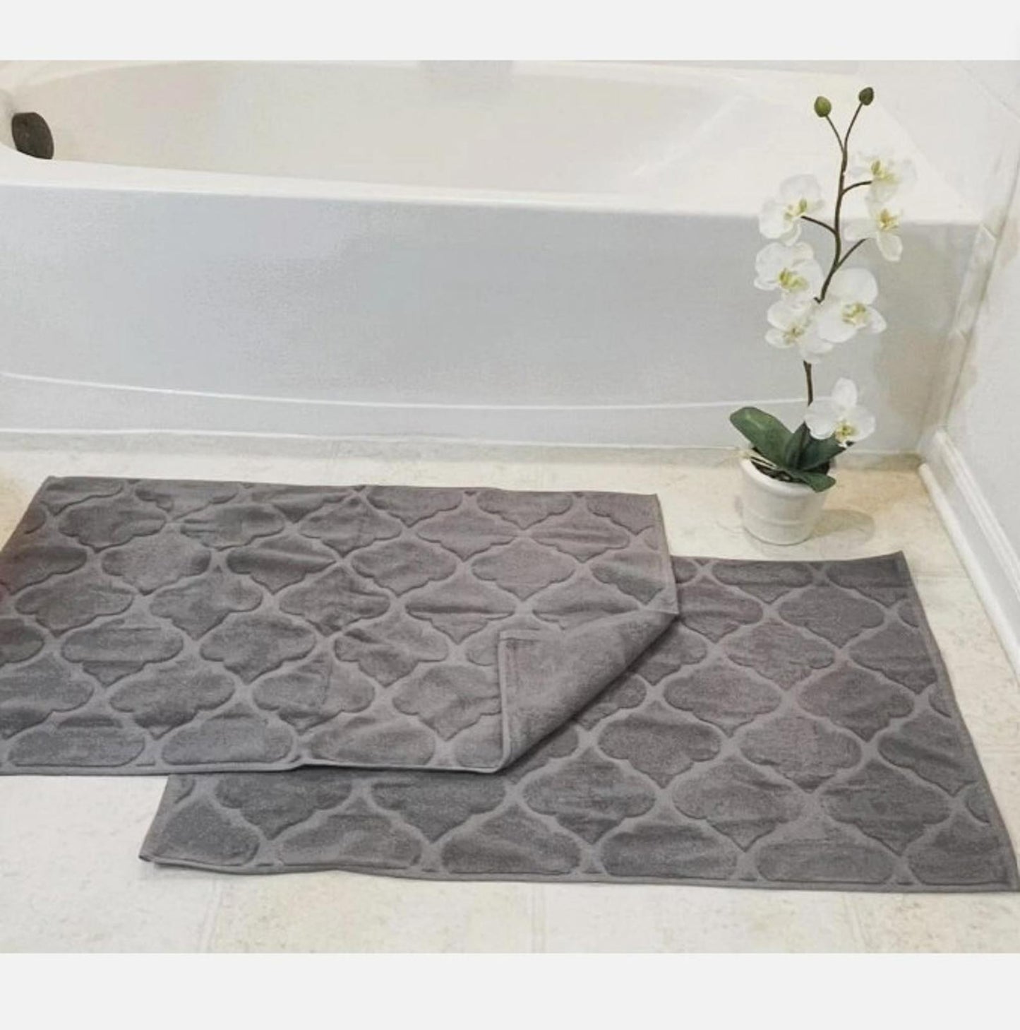 WelHome by Welspun 100% Cotton Geometric Tub Mat 2PK Set Gray
