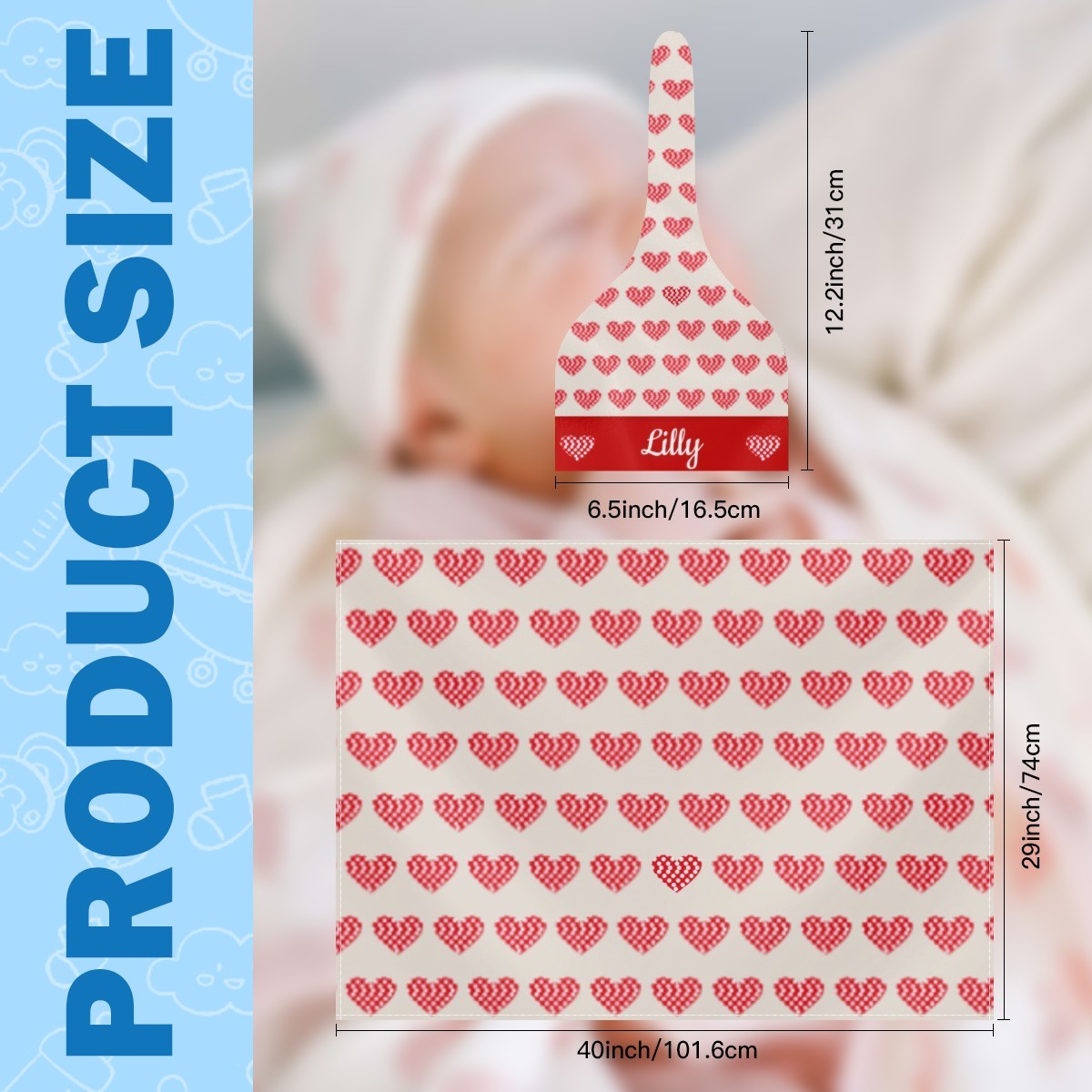 Personalized Baby Swaddle Blanket and Hat Set with Custom Name - Pixel Heart Cross-Stitch Design Newborn Gift Set