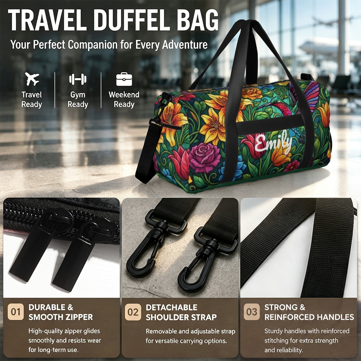 Personalized Hummingbird Floral Duffel Bag with Custom Name – Travel, Gym & Weekend Bag