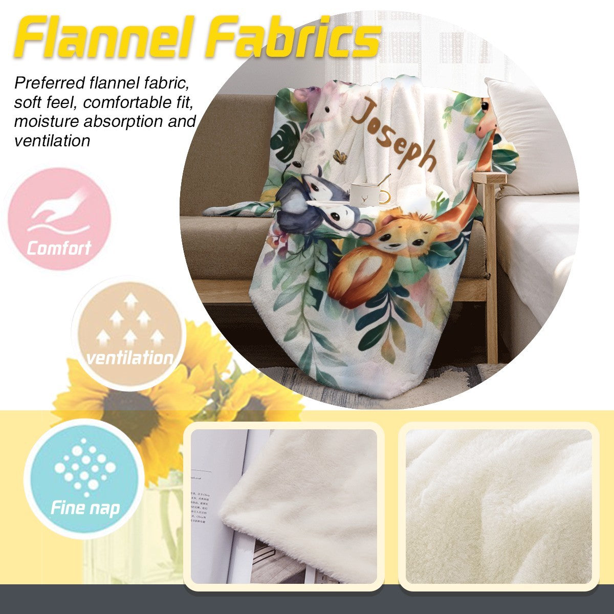 Personalized Safari Animals Blanket with Name | Botanical Wreath Design | Custom Baby & Kids Gift