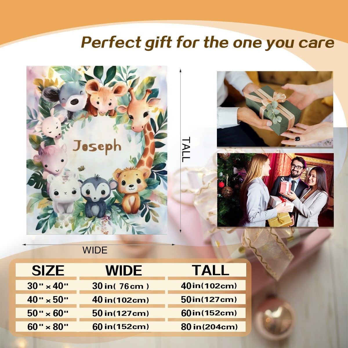 Personalized Safari Animals Blanket with Name | Botanical Wreath Design | Custom Baby & Kids Gift