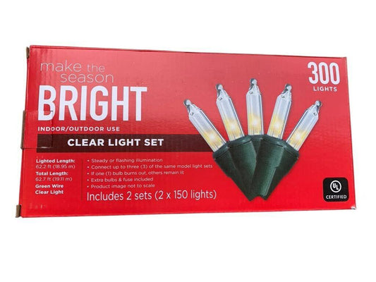 Make the Season Bright Indoor Outdoor Clear Light 300 bulbs 62.2 Ft green cord