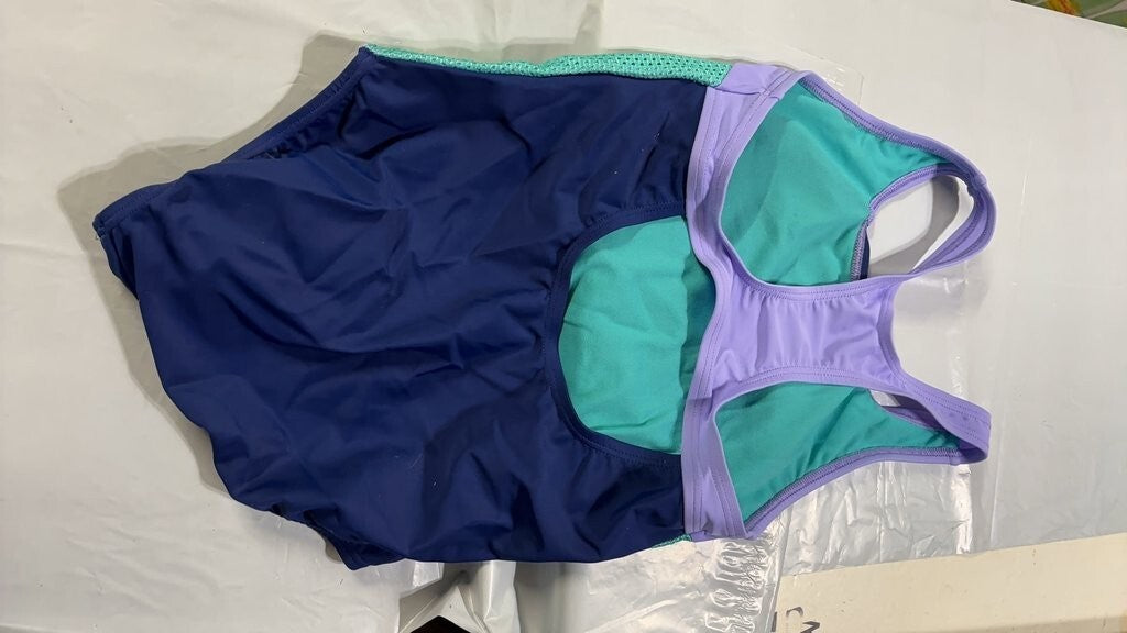 Speedo Girls' One-Piece Swimsuit, Blue/Purple/Teal Athletic Swimwear size 10