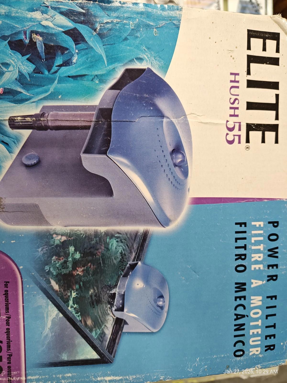 Elite Hush 55 power filter designed for aquariums, featuring a sleek blue design.