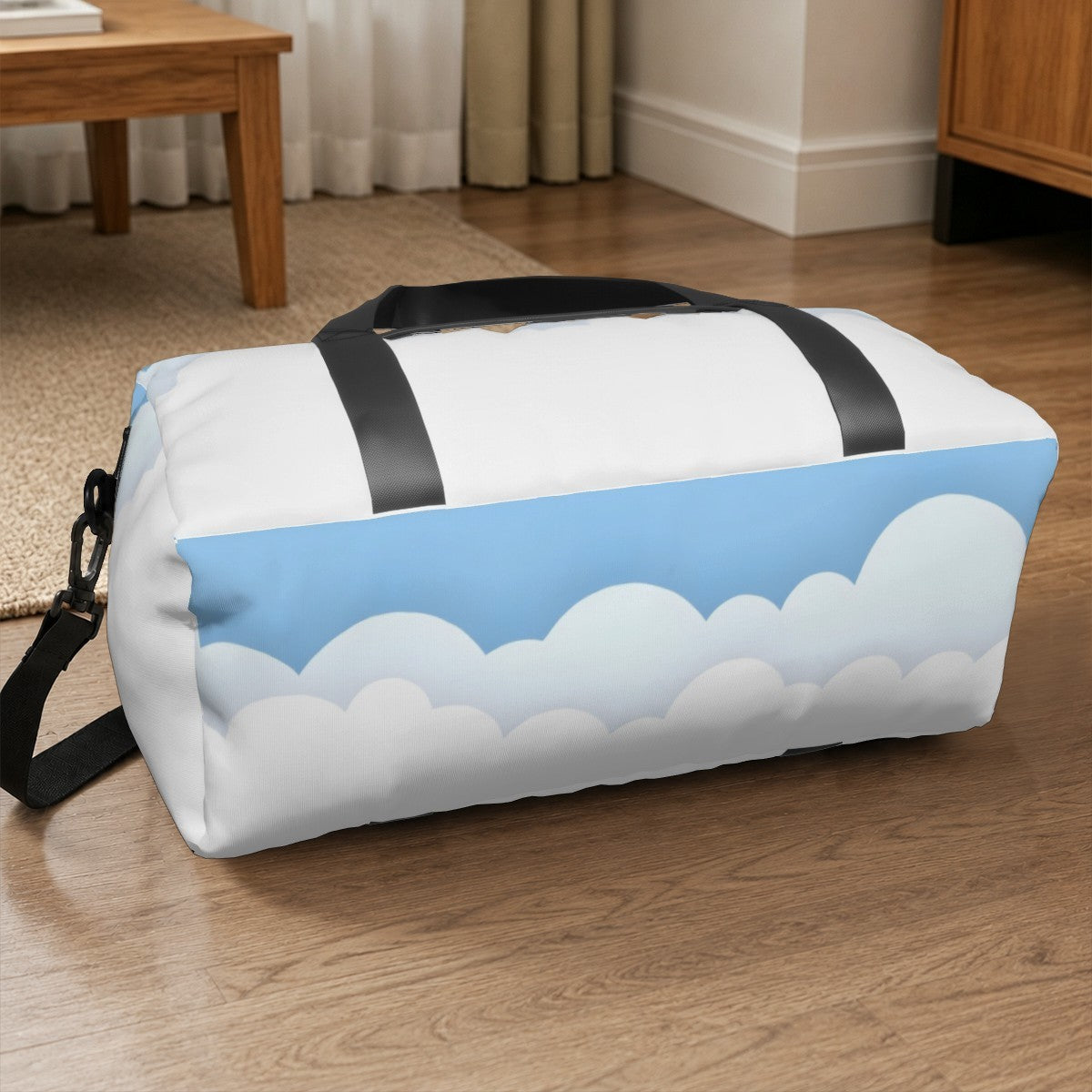 Personalized Blue Sky Cloud Duffel Bag with Custom Name – Travel, Gym & Weekend Bag