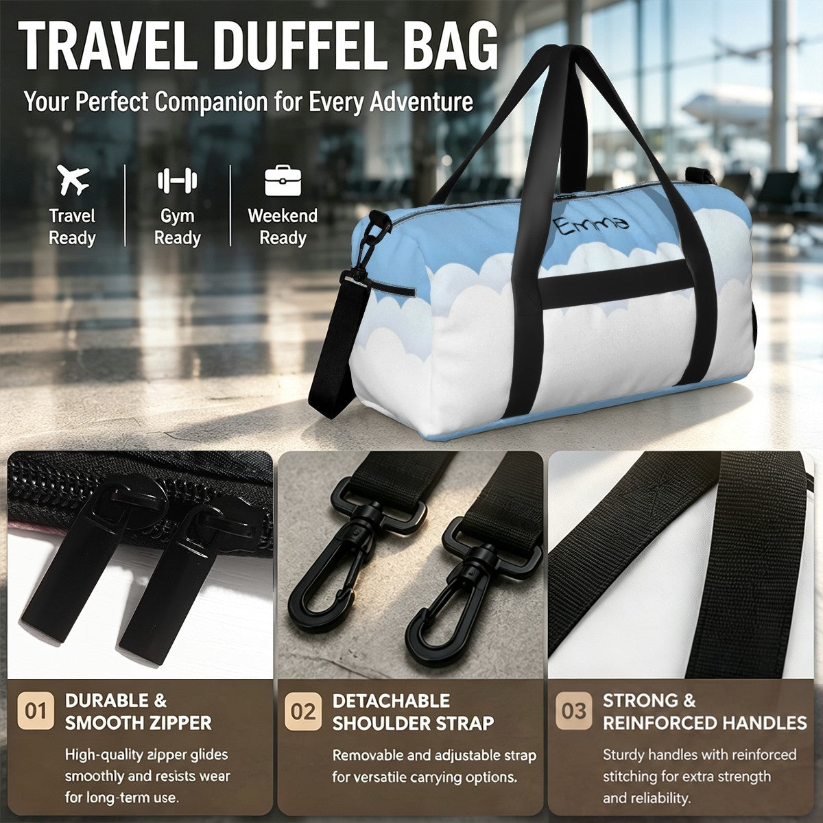 Personalized Blue Sky Cloud Duffel Bag with Custom Name – Travel, Gym & Weekend Bag