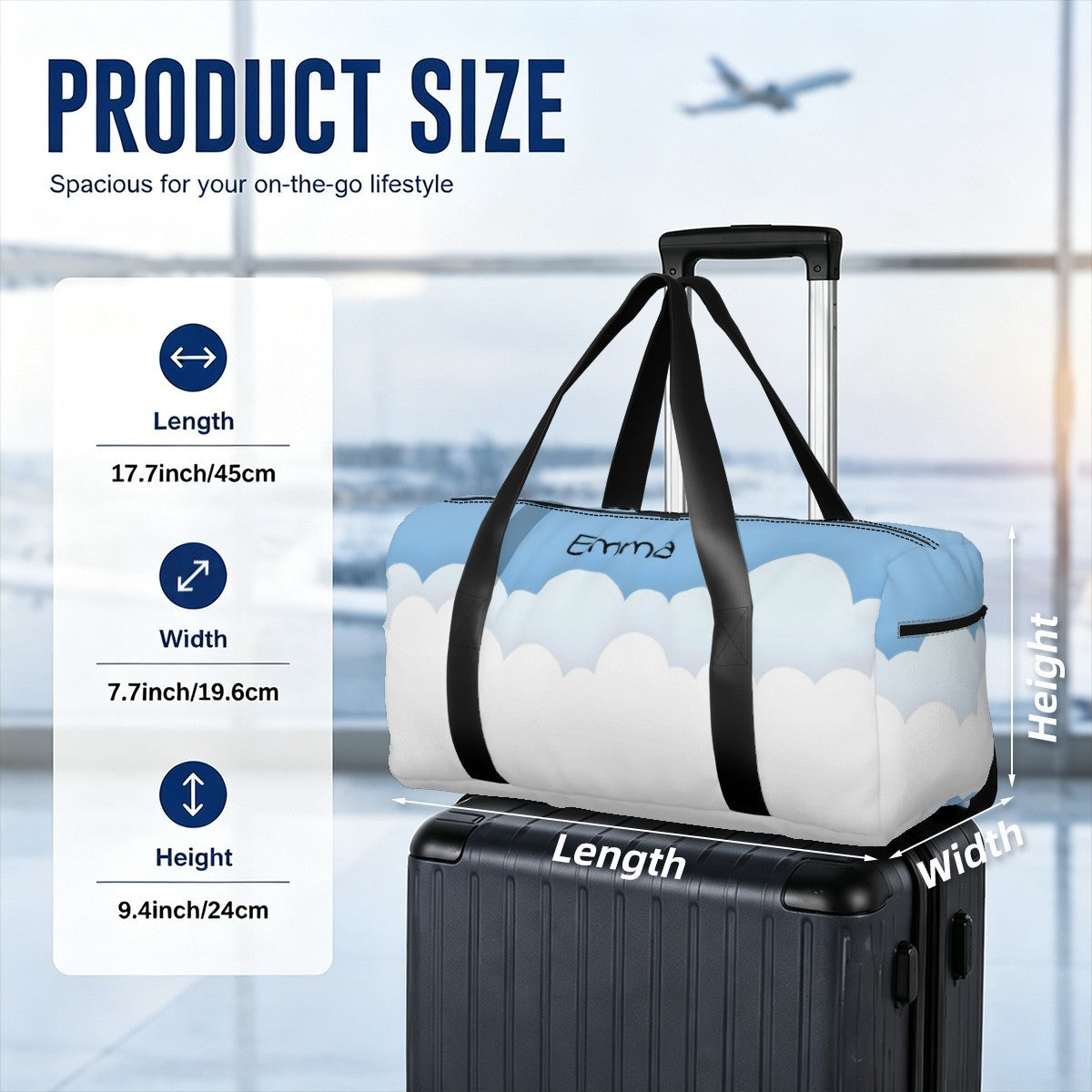 Personalized Blue Sky Cloud Duffel Bag with Custom Name – Travel, Gym & Weekend Bag
