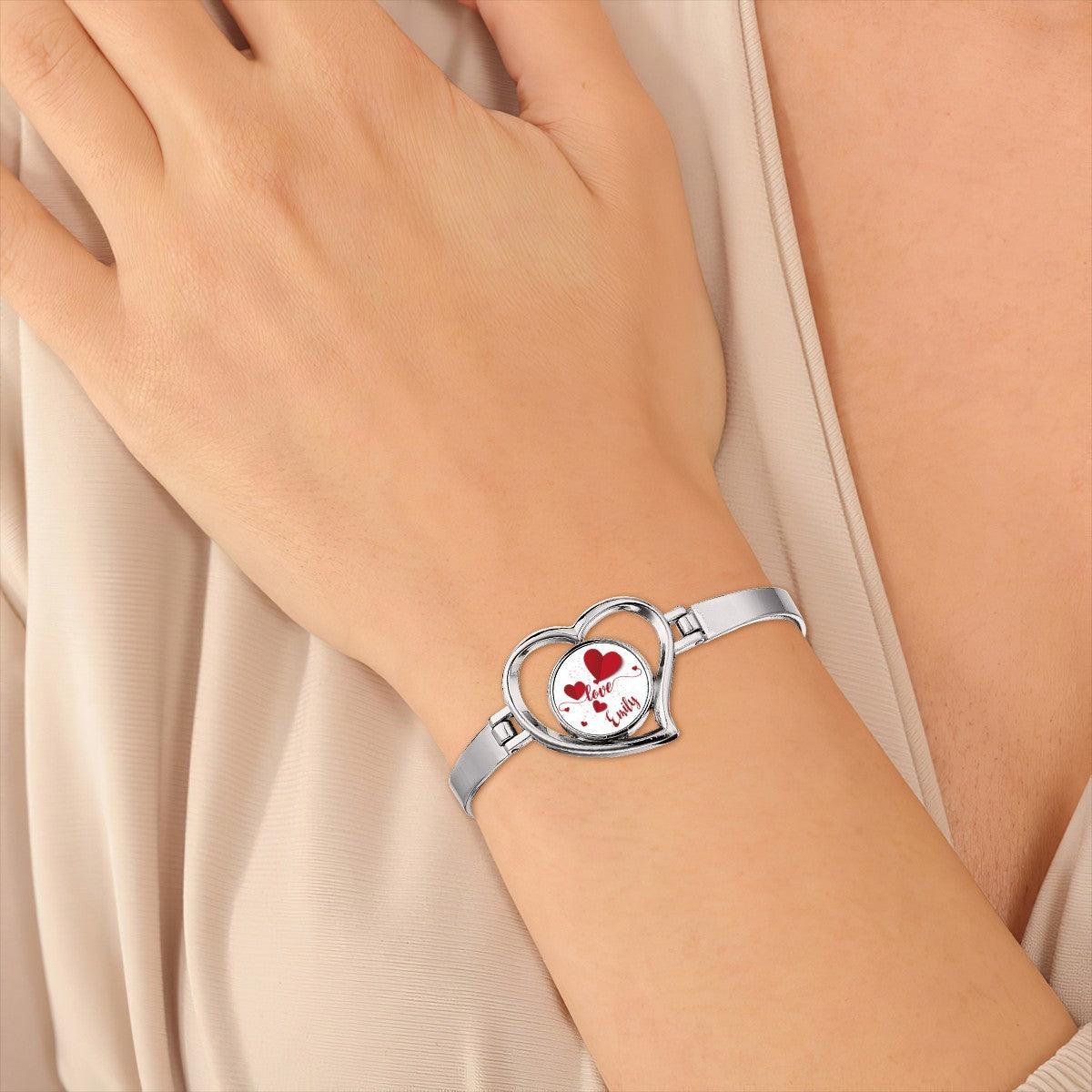 Personalized Name Heart Bangle Bracelet | Custom Name Love Charm in Open Heart | Silver