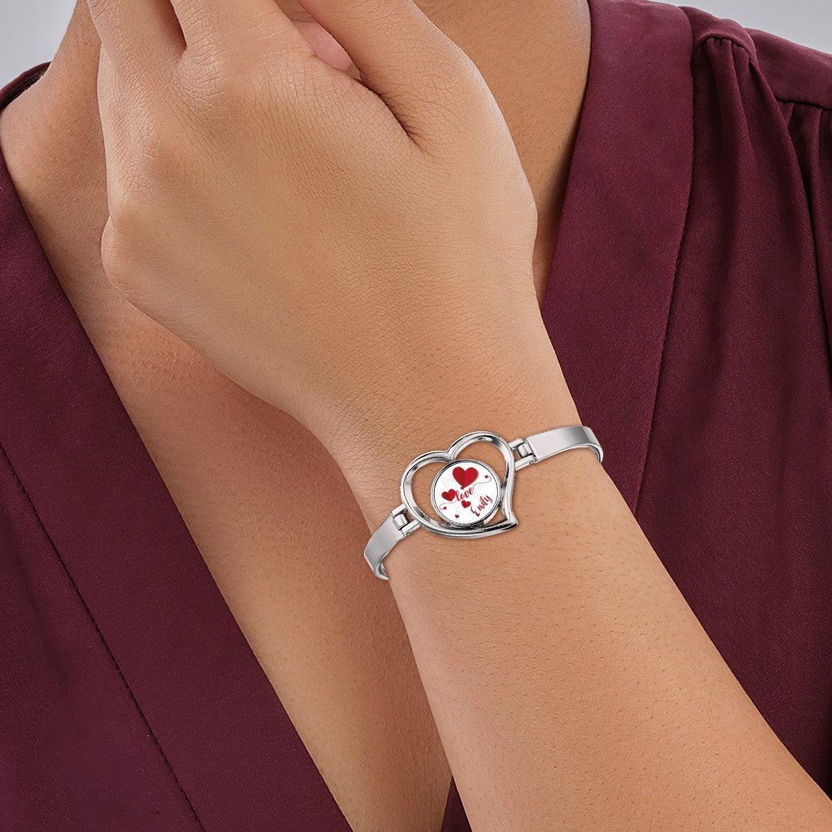 Personalized Name Heart Bangle Bracelet | Custom Name Love Charm in Open Heart | Silver