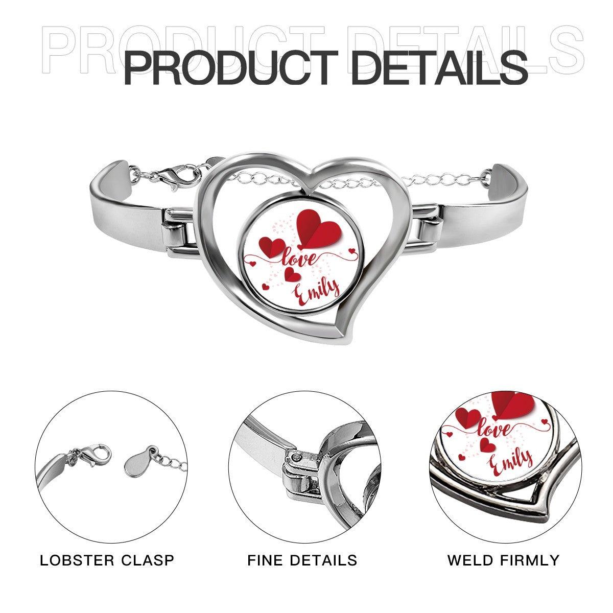 Personalized Name Heart Bangle Bracelet | Custom Name Love Charm in Open Heart | Silver