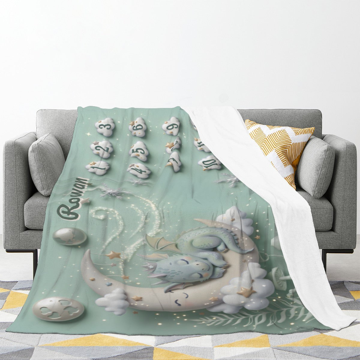 Personalized Baby Milestone Blanket with Name | Sleeping Dragon & Moon | Custom Dragon Baby Gift