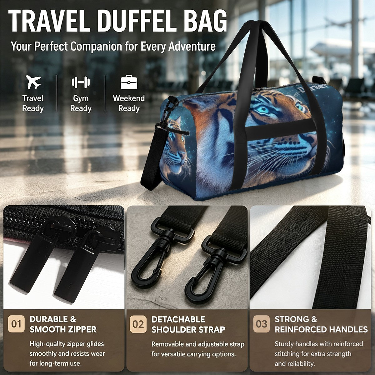 Personalized Blue Tiger Duffel Bag with Custom Name – Wildlife Gym, Weekend & Travel Bag
