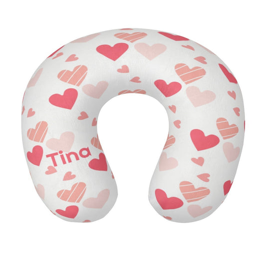 Personalized Hearts Travel Neck Pillow with Name | Pink and White Hearts Pattern | Memory Foam | Valentine's and Romantic Gift