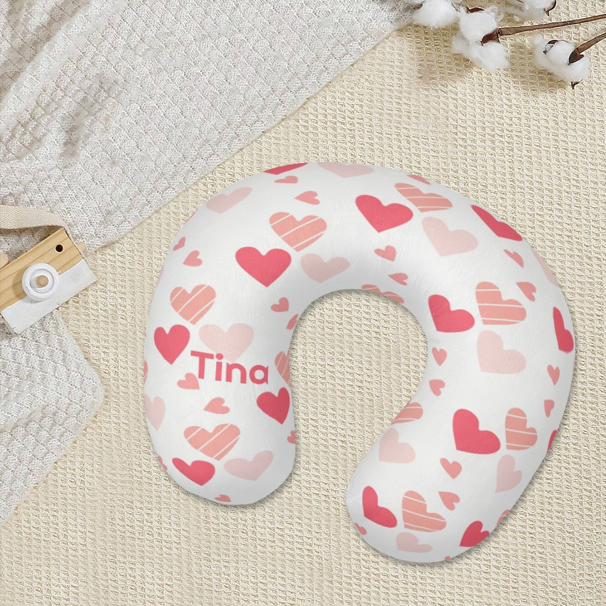 Personalized Hearts Travel Neck Pillow with Name | Pink and White Hearts Pattern | Memory Foam | Valentine's and Romantic Gift