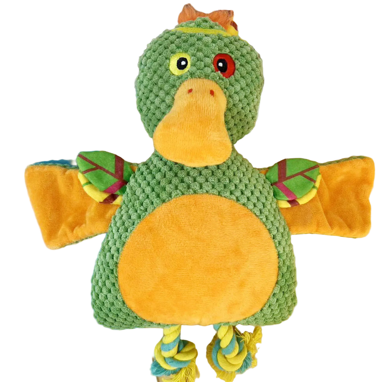 Green and yellow plush toy with a rope on a blue and beige background