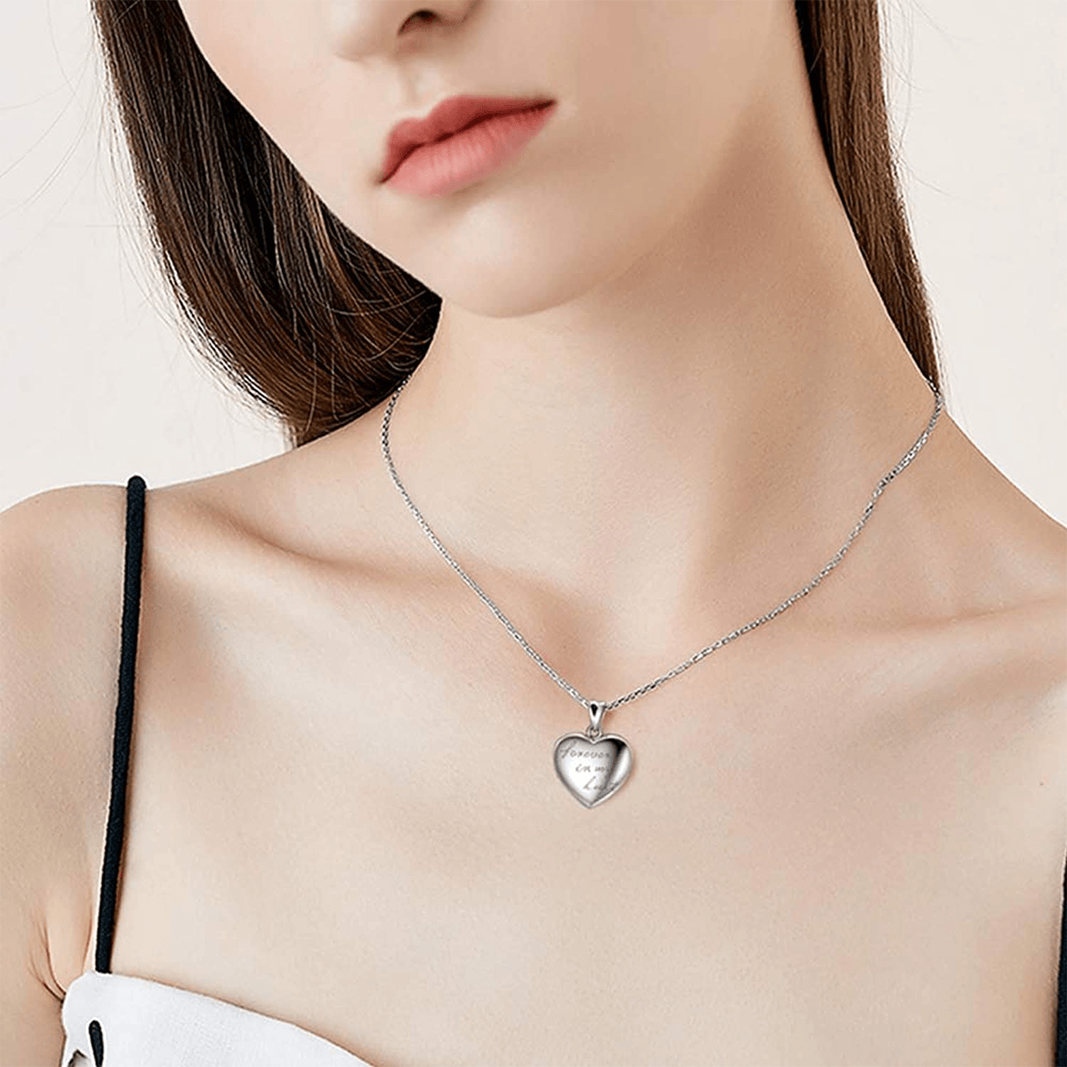 Custom Photo Heart Locket Necklace | "Forever in My Heart" Engraved | Holds 2 Photos | Silver