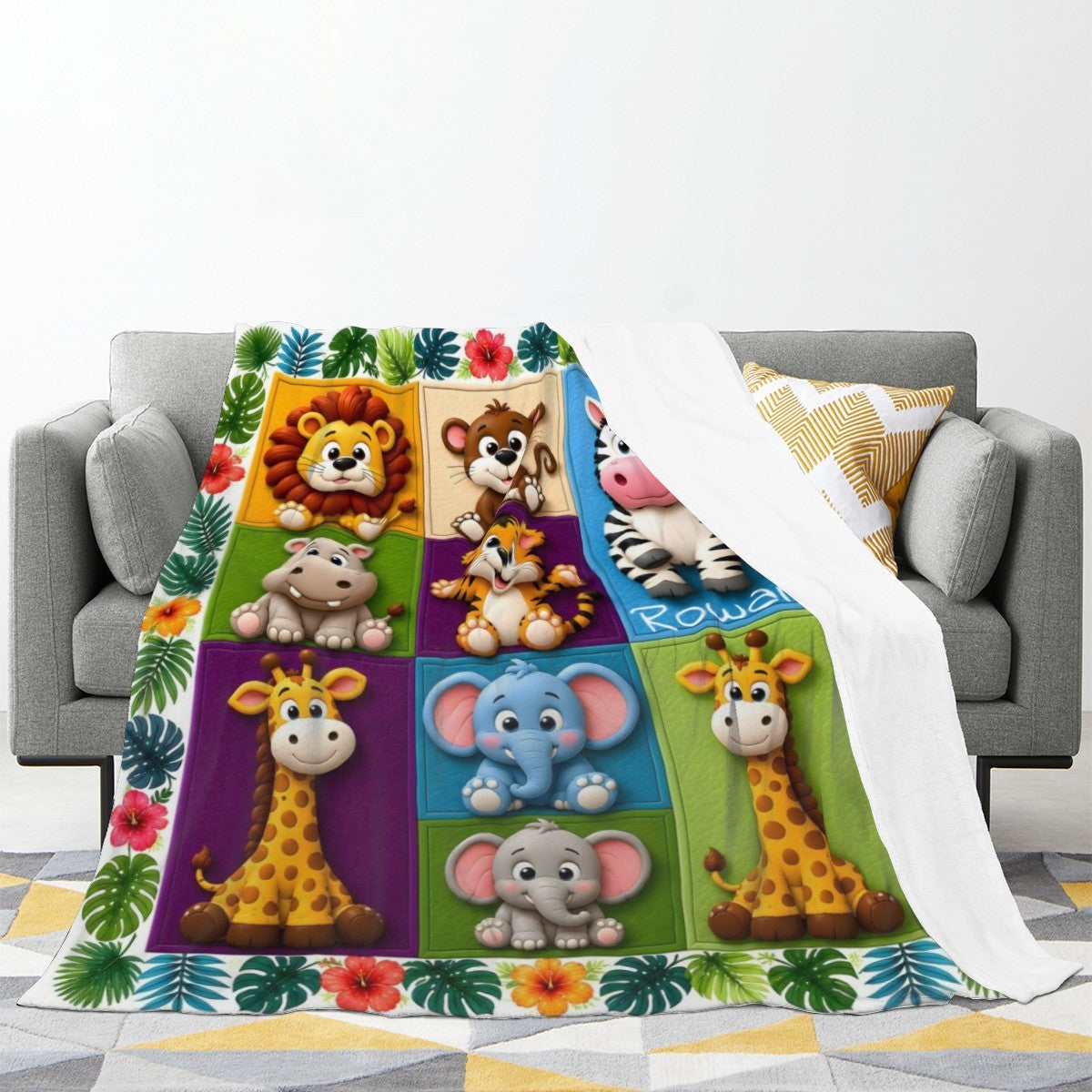 Personalized Safari Animals Blanket with Name | 3D Cartoon Grid Design | Custom Kids Gift