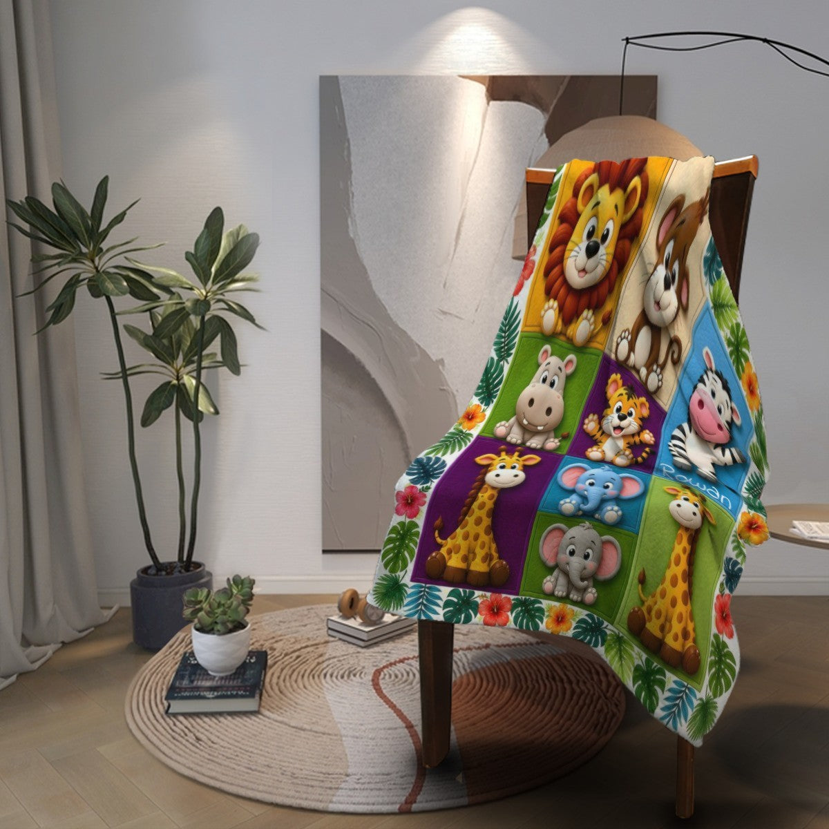 Personalized Safari Animals Blanket with Name | 3D Cartoon Grid Design | Custom Kids Gift